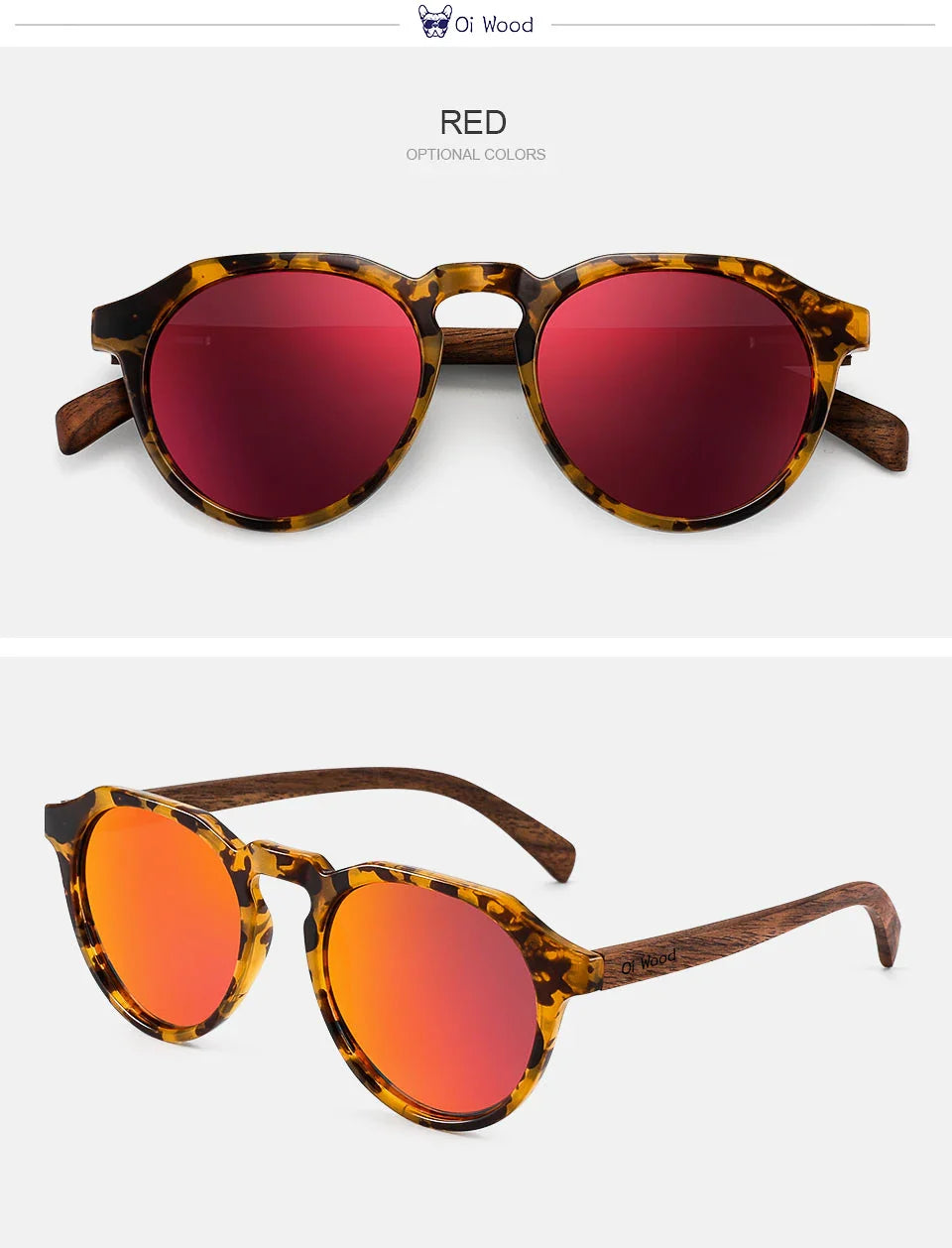 Oi Wood Round Sunglasses — Walnut Wood Frames with Red Lens & Tortoise Shell Design for Men & Women