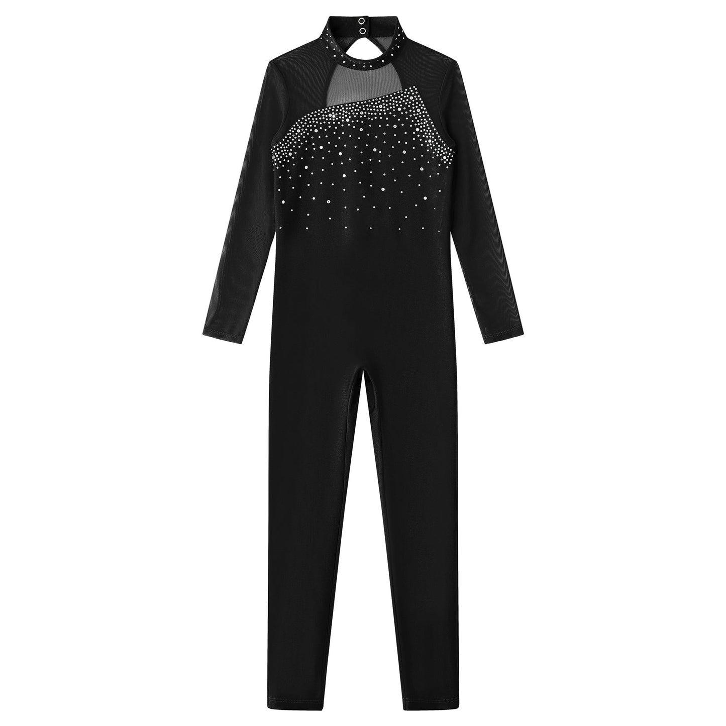 Kids Girls Long Sleeve Rhinestone Bodysuit — Full Body Dancewear Gymnastics Leotard Skating Jumpsuit