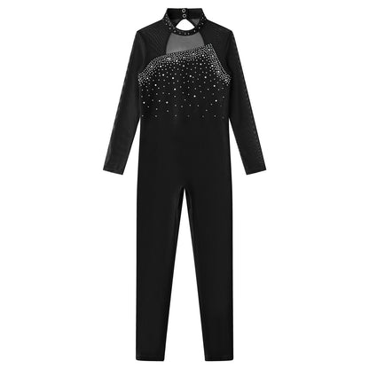Kids Girls Long Sleeve Rhinestone Bodysuit — Full Body Dancewear Gymnastics Leotard Skating Jumpsuit