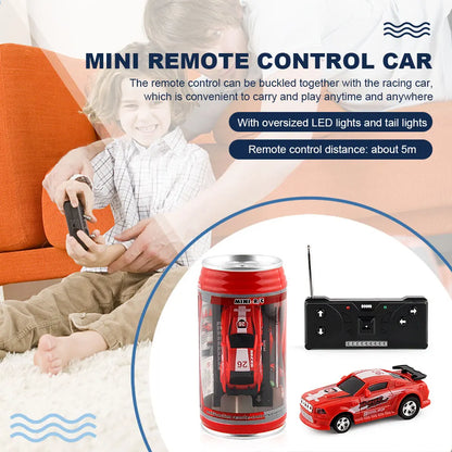 Coke Can Mini RC Car — Battery-Operated Plastic Remote Control Racing Vehicle with Roadblocks, Micro Racing Toy for Kids & Boys