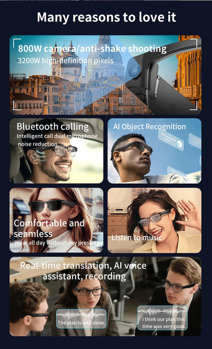 AI Smart Camera Glasses — 8MP with Bluetooth for Calls & Music, Object Recognition, and AI Translation