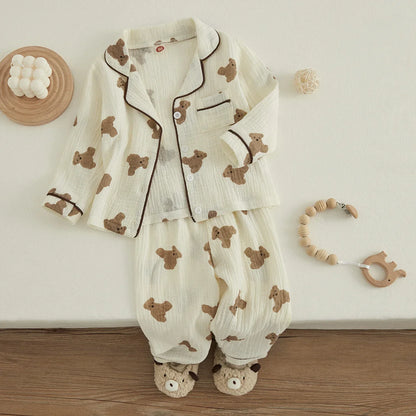 VISgogo Kids Unisex Cotton Linen Pajama Set - Bear Print Long Sleeve Top & Pants, Casual Spring Outfit