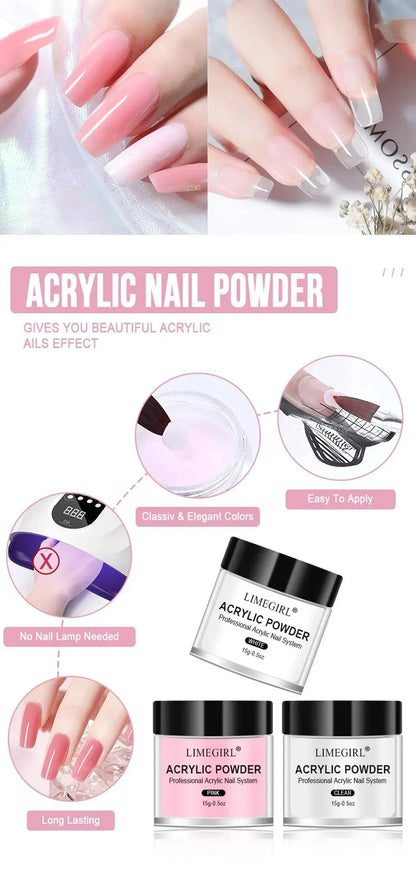 Acrylic Powder and Liquid Monomer Nail Art Kit – Crystal Glitter, 3D Tips, Carving Tools for Manicure Decoration