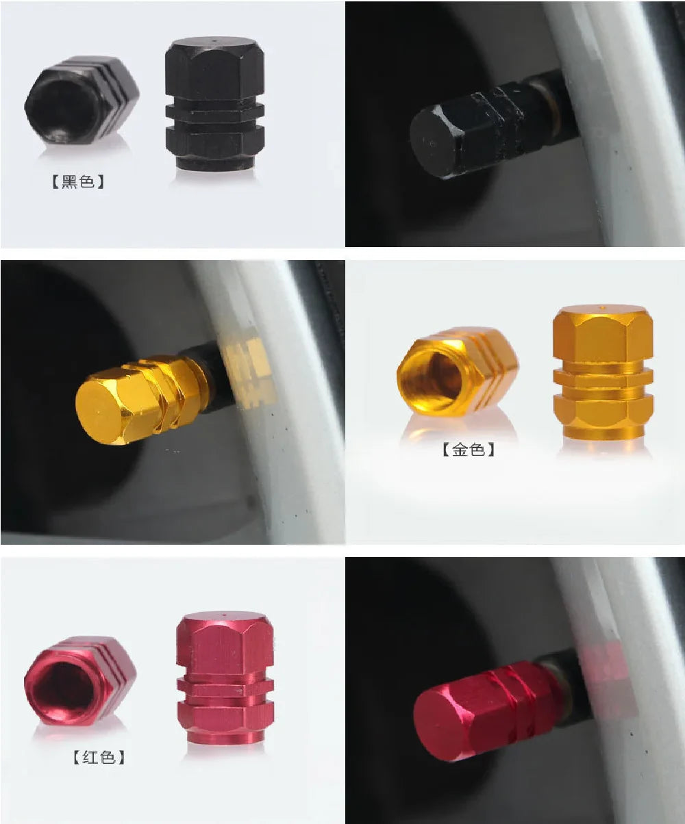 4 Pcs Aluminum Car Tire Valve Caps | Hex Alloy Airtight & Waterproof Covers | Dust-Proof for Automobiles, Motorcycles, Trucks, & Bikes