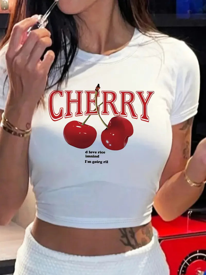 Women’s Y2K Cherry Print Crop T-Shirt – Crew Neck Short Sleeve Tight Fit Summer Fashion Top