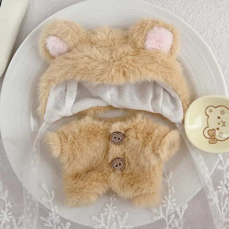 17cm Mini Plush Doll Clothes – Outfit Accessories for Kpop EXO Labubu Idol V1/V2, Cartoon Bear Hat & Bow Clothing Gift