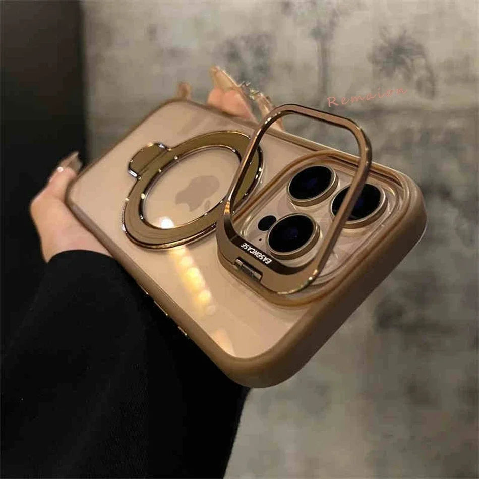 Luxury Magnetic Ring Stand Clear Case with Glass Lens Protection for iPhone 11–16 Pro Max & Plus – MagSafe Compatible Cover