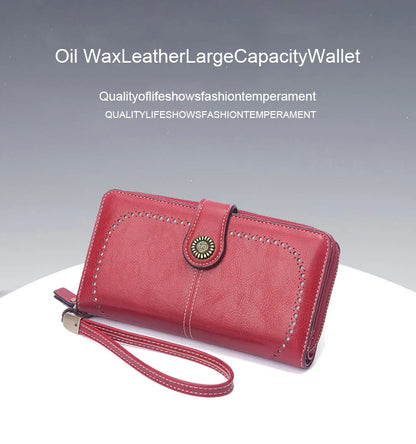 Vintage Large Capacity Women's Purse – Monochromatic Multi-Card Long Wallet with Zipper & Wrist Strap