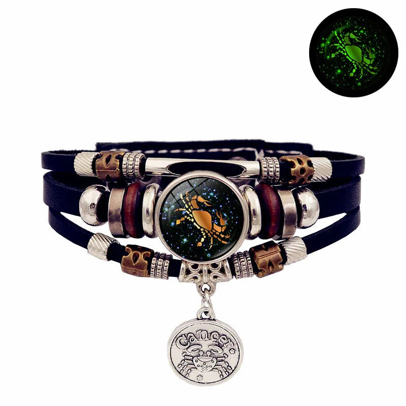 Luminous 12 Constellation Vintage Bracelet - Braided Punk Leather Glow-in-the-Dark for Men & Women, Birthday Gift