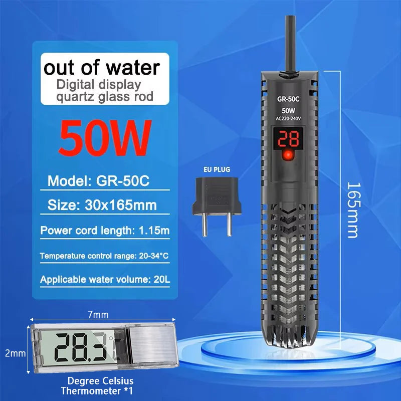 25W-300W Fish Tank Aquarium Heating Rod - Quartz Glass with Digital Display & Automatic Thermostat for Aquariums