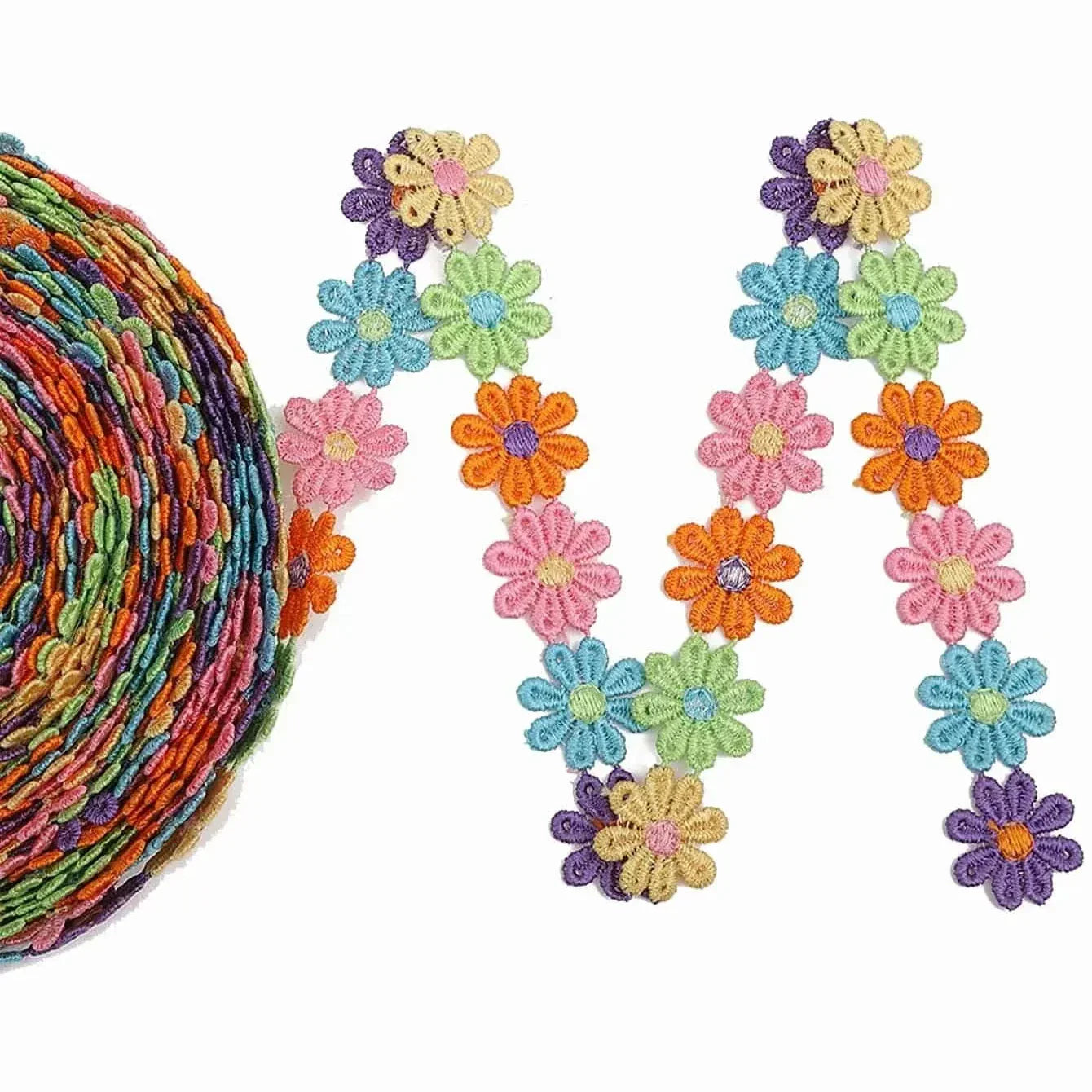 Daisy Flower Lace Trim Ribbon – 2.5CM Wide, 1.5 Yards Embroidered DIY Patchwork Sewing & Craft Supplies, Colorful