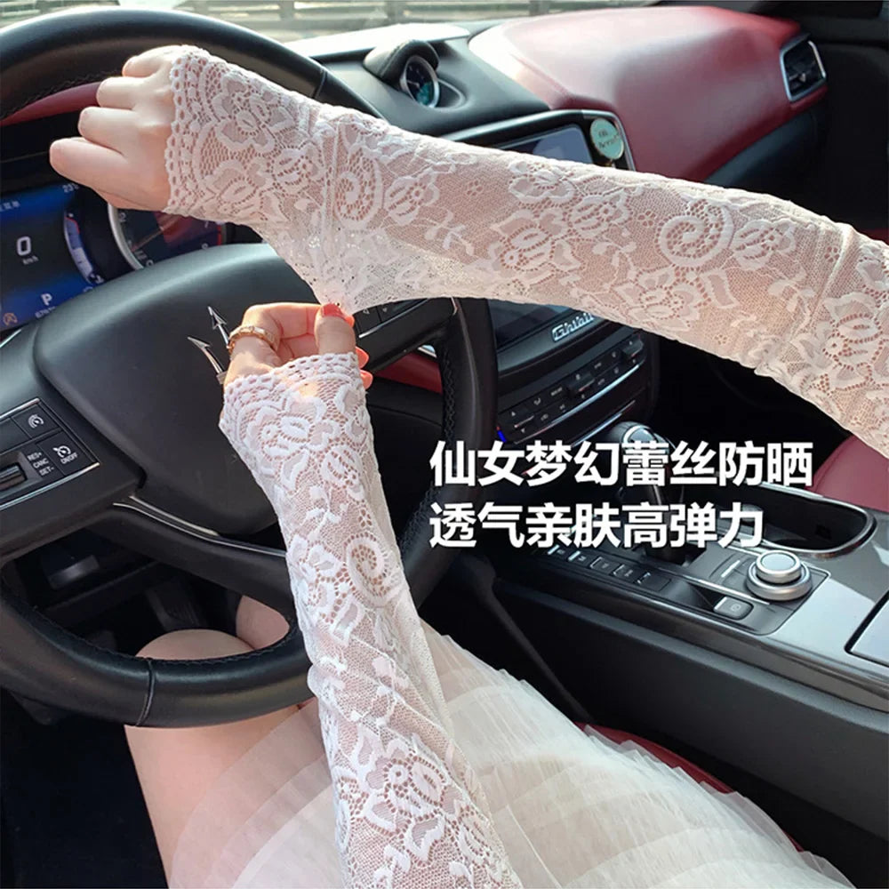 Summer Lace UV Solar Arm Sleeves for Women - Fingerless Gloves with Elastic Driving Coverage - Anti-Sunburn Arm Protection and Sexy Wrist Mittens