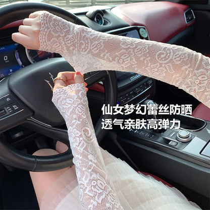 Summer Lace UV Solar Arm Sleeves for Women - Fingerless Gloves with Elastic Driving Coverage - Anti-Sunburn Arm Protection and Sexy Wrist Mittens