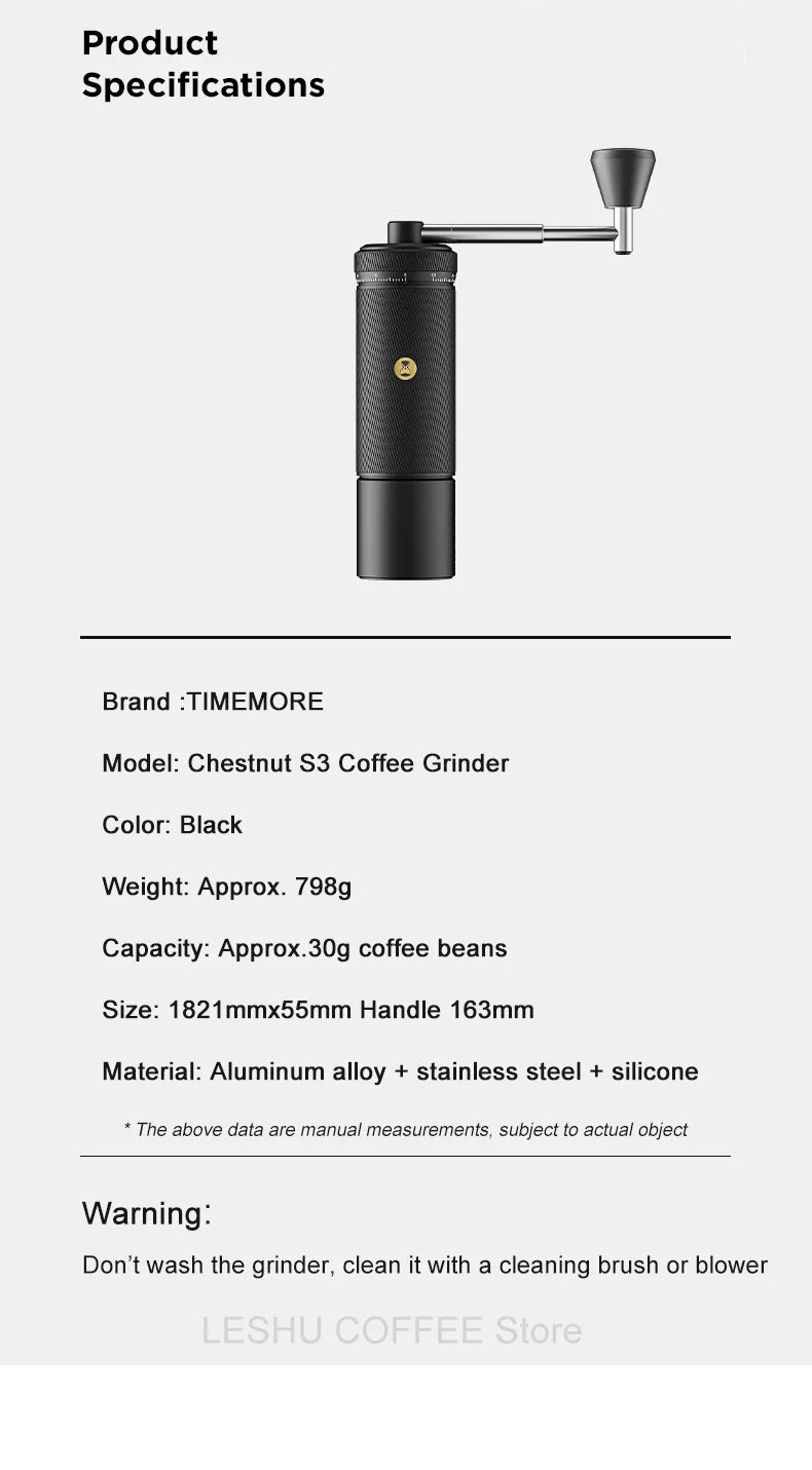 TIMEMORE Chestnut S3 Manual Coffee Grinder — Precision 0.015mm Adjustment Burr Mill for Espresso & Hand Grinding