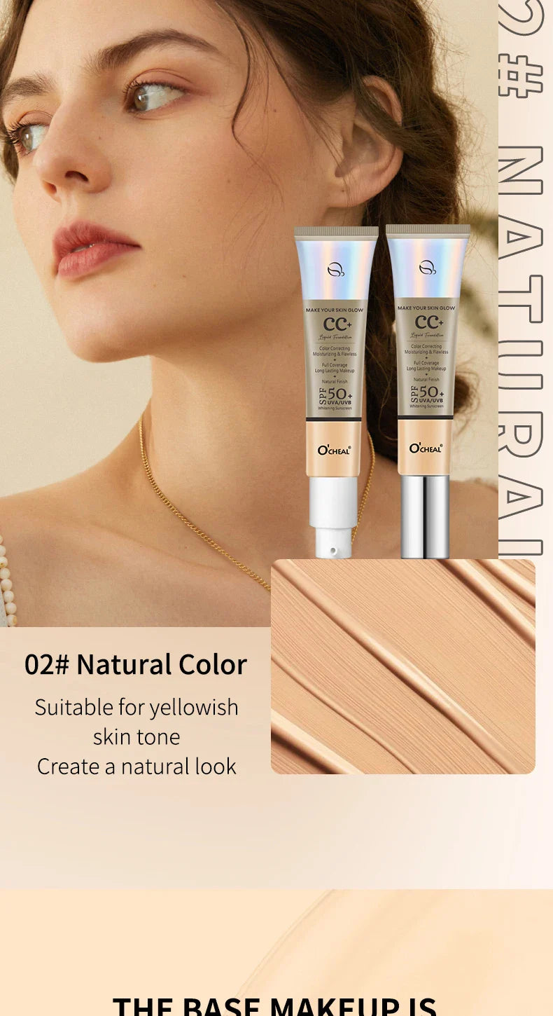 Ocheal 30g CC Cream Foundation – Waterproof Concealer, Moisturizing Sunscreen, SPF 50+, Long-Lasting Brightening Makeup Primer