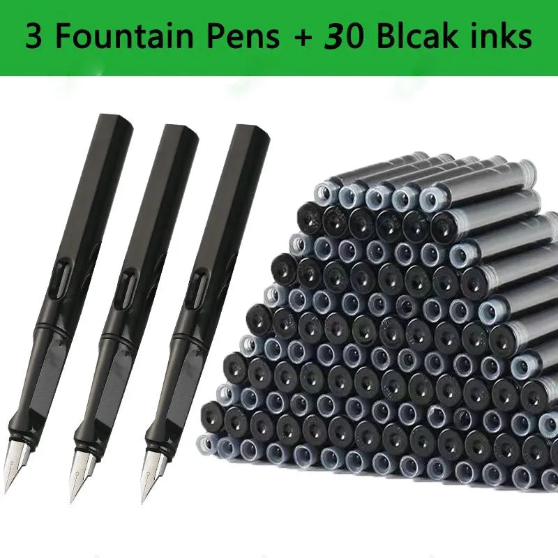 33PCS Kawaii Fountain Pen & Ink Set - Black Blue Red EF 0.38mm Replaceable Ink Pens for School Office Writing Supplies