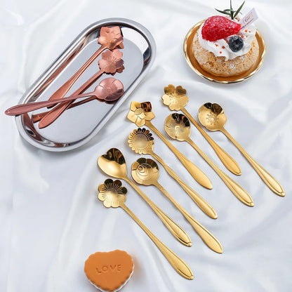 8-Piece Flower Spoon Set - Stainless Steel Teaspoons for Coffee, Tea, Dessert, Ice Cream - Available in Silver and Gold