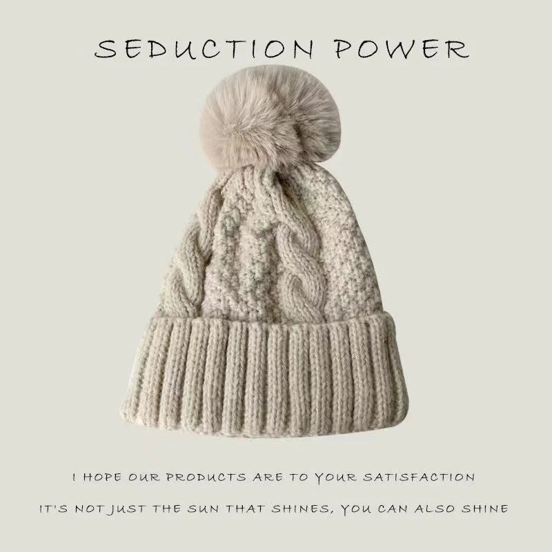 New Women’s Winter Twist Knit Hat – Thick Plush Beanie with Fur Pompom, Solid Color Ski Snow Skullies