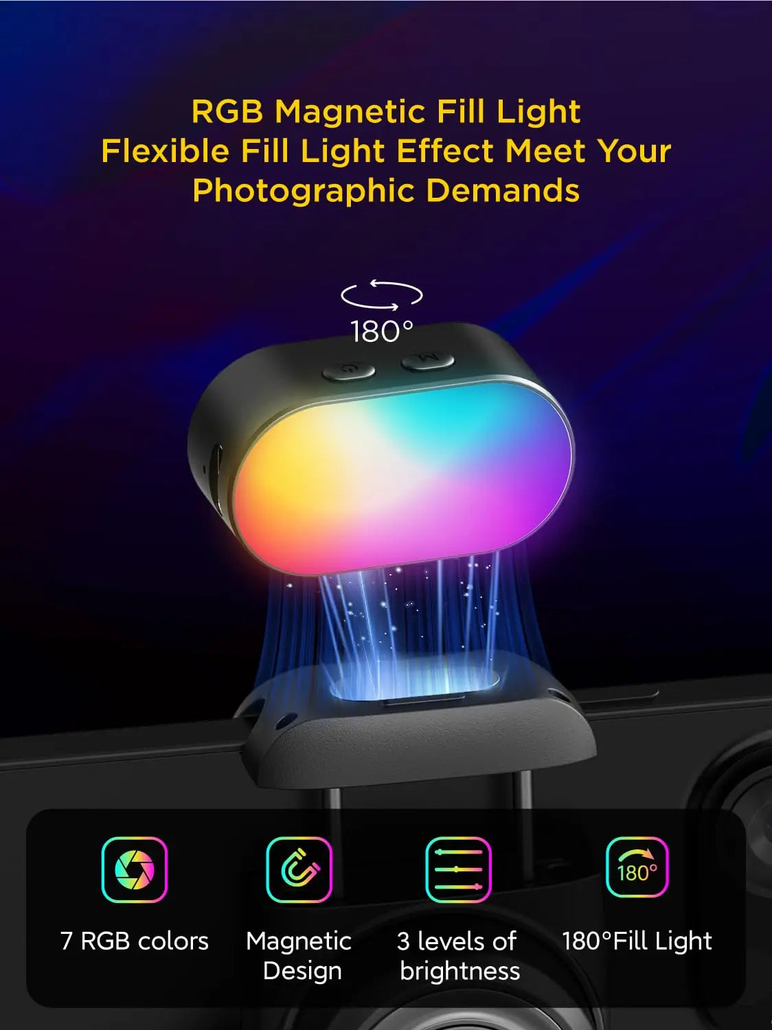 AOCHUAN RGB Magnetic Fill Light for Gimbal - LED Video Photography Light with 3 Brightness Levels & 7 Color Adjustments for Phone Selfie & Live
