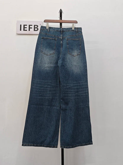 IEFB Men’s Summer Denim Jeans – Washed Blue Straight Loose Wide-Leg Casual Pants