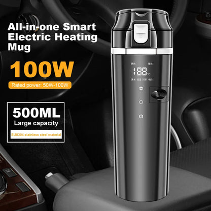 12V/24V Smart Car Heating Cup - Electric Kettle with Temperature Control, Stainless Steel 500ML Heated Smart Mug for Water Warming
