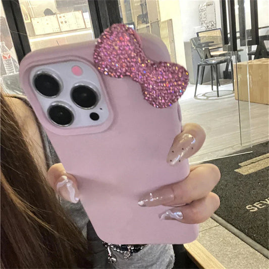 Luxury Rhinestone Bow Litchi-Texture Leather Shockproof Soft Case — Fits iPhone 17 Pro Max/16/15/14/13/12/11/X/XS/7 Plus