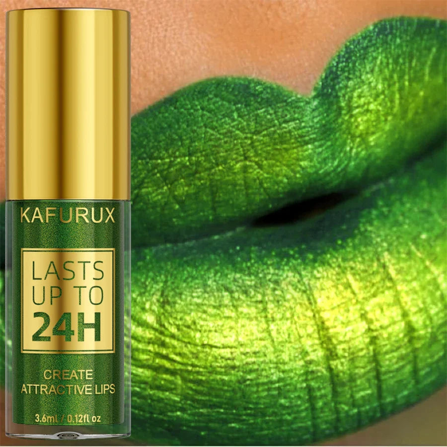 Green Glitter Lip Glaze – Waterproof, Long-Lasting Metallic Lip Gloss with Bold Pearlescent Tint Makeup