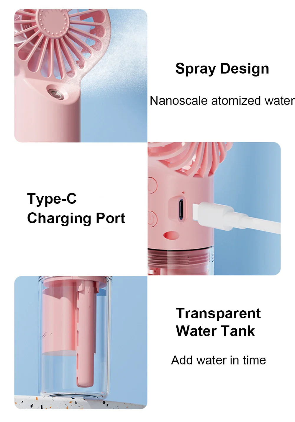 Portable Mini Humidifier Fan – USB Rechargeable Handheld Mist Fan with Water Spray, Personal Cooling Fan