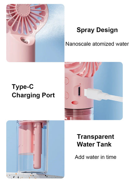 Portable Mini Humidifier Fan – USB Rechargeable Handheld Mist Fan with Water Spray, Personal Cooling Fan
