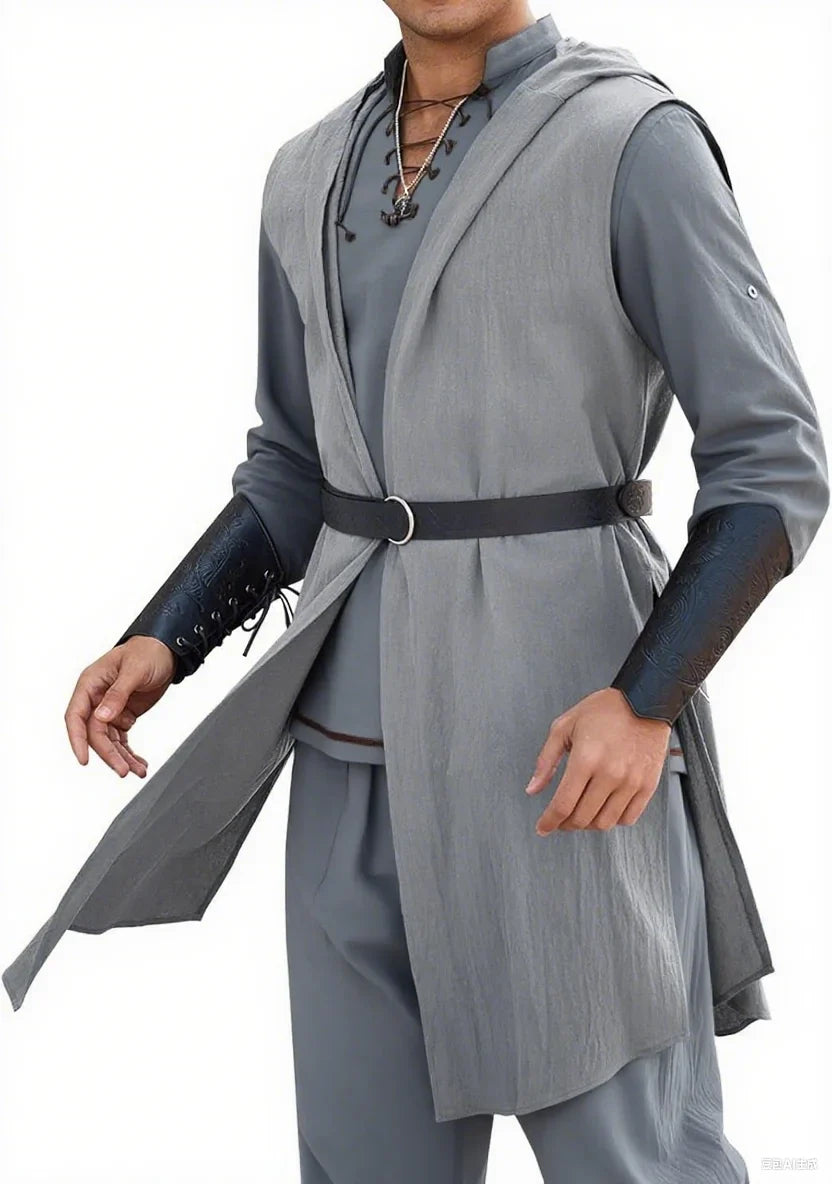 Runcati Men’s Renaissance Costume – Hooded Medieval Knight Surcoat Sleeveless Tunic Tabard for Halloween & Viking Dress-Up