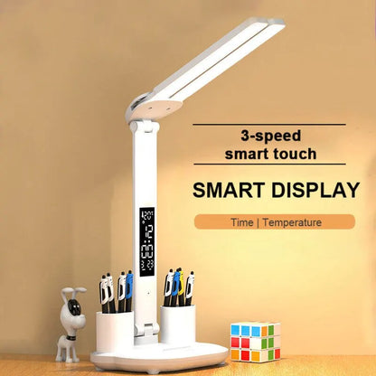 LED Clock Table Lamp – USB Rechargeable, Dimmable Desk Lamp with 2 Heads, 180° Rotate, Foldable, Eye Protection for Reading