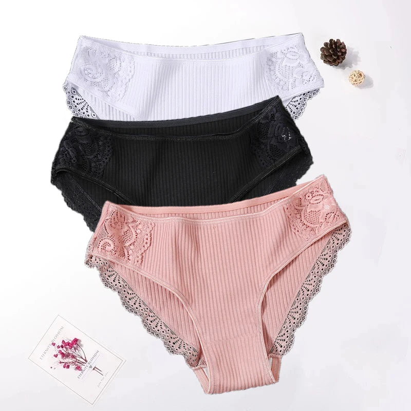 Floral Lace Cotton Women’s Panties - Comfortable Briefs, Solid Color Underwear, 3PCS/Set, Sizes M-XXL