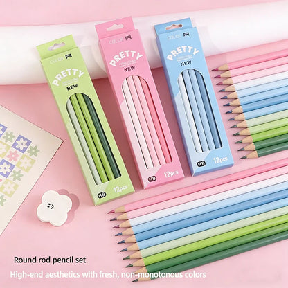 12-Piece Gradient Colored Pencils Set - Pastel Macaron Colors with Natural Wood Finish