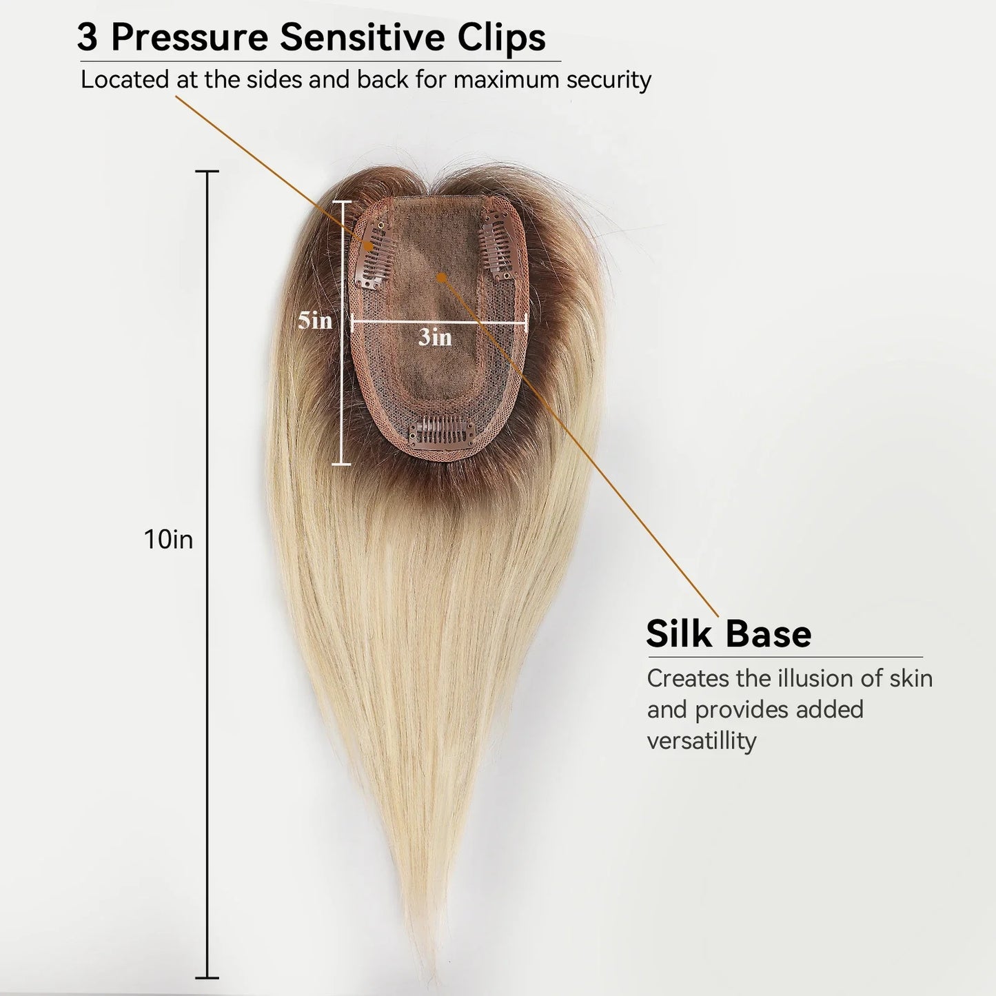 Ombre Brown Blonde Remy Human Hair Topper – 14 Inch Silk Base Clip-In Wig with Bangs for Women