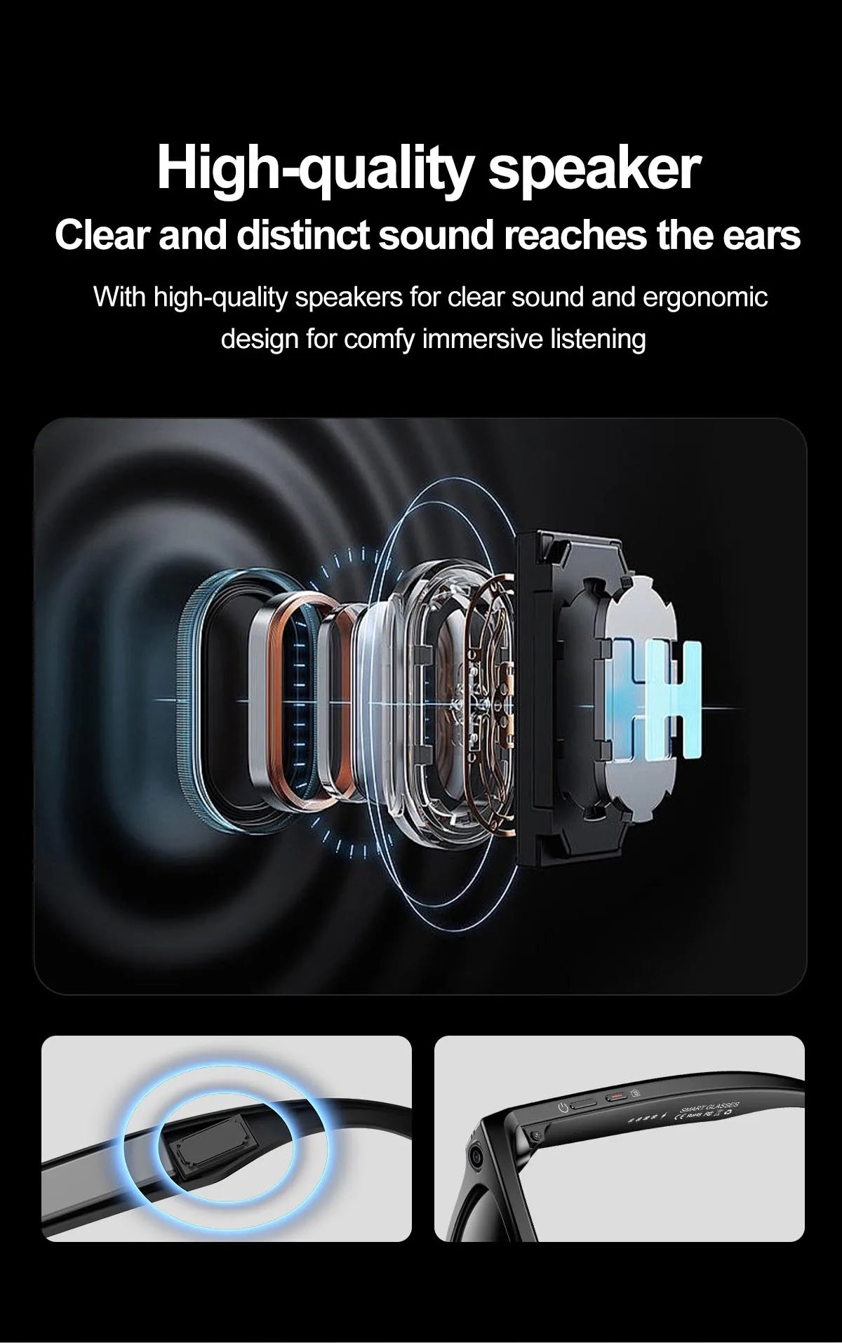 Smart AI Glasses — Video Recording, Photo Recognition, Translation, Bluetooth with 260mAh Battery, IP65 Waterproof