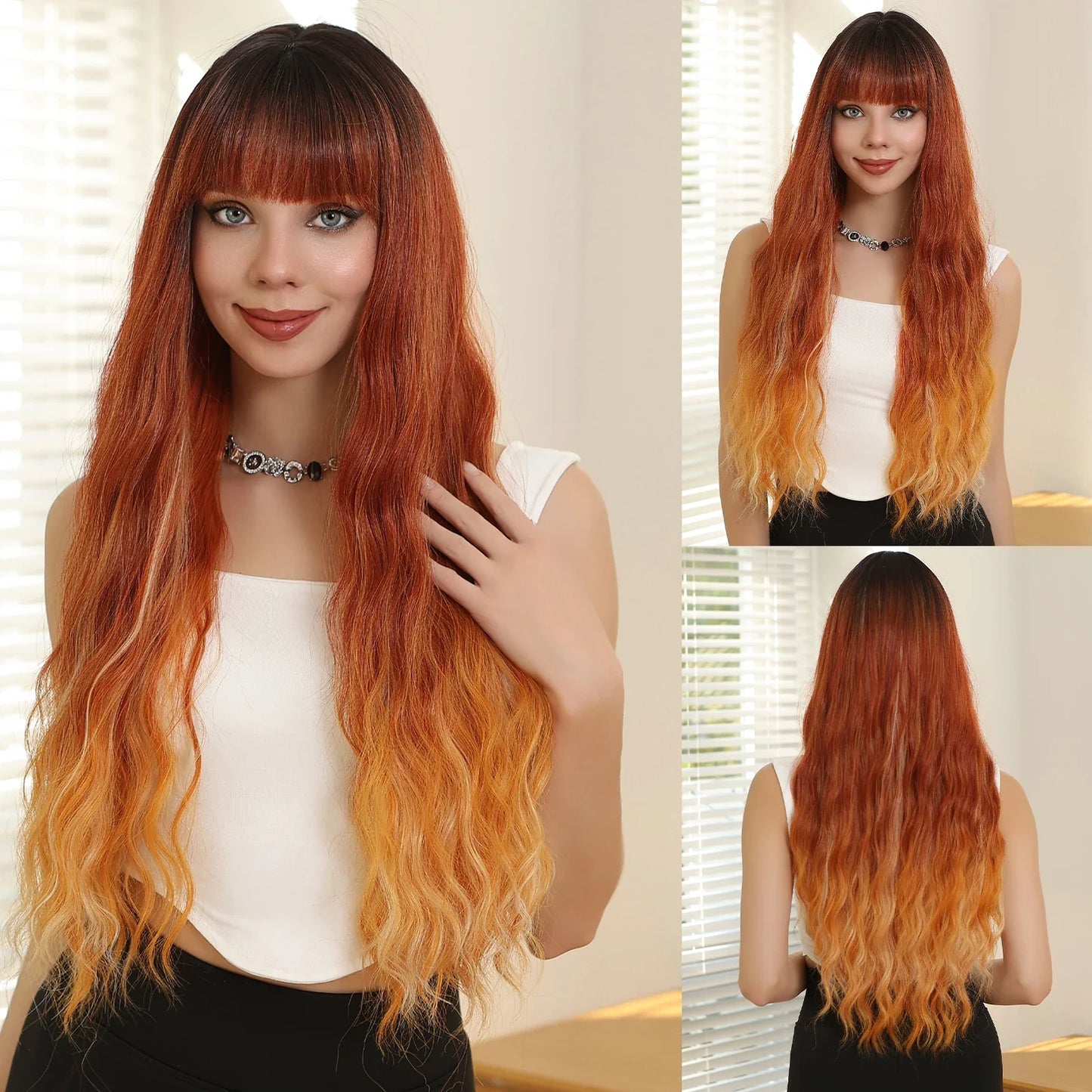 Light Green Long Wavy Synthetic Wig with Bangs – Blackish Green Cosplay & Lolita Style, Heat-Resistant for Women