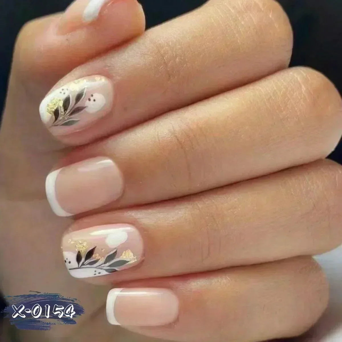 24PCS Short Square Coffin False Nails – French Glitter Acrylic Press-On Nail Tips with Glue, Wearable Fake Nails Set