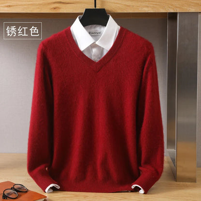 Men’s 100% Pure Mink Cashmere Sweater – V-Neck Knit Pullover, Long Sleeve Winter Jumper, Large Size High-End Top