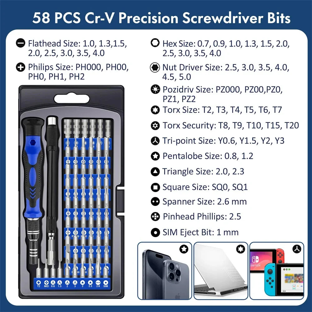 62-in-1 Precision Screwdriver Set – Magnetic Torx, Phillips, Hex Bits with Flexible Shaft, Repair Tools for iPhone, Xiaomi, PC