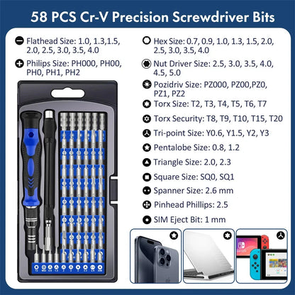 62-in-1 Precision Screwdriver Set – Magnetic Torx, Phillips, Hex Bits with Flexible Shaft, Repair Tools for iPhone, Xiaomi, PC