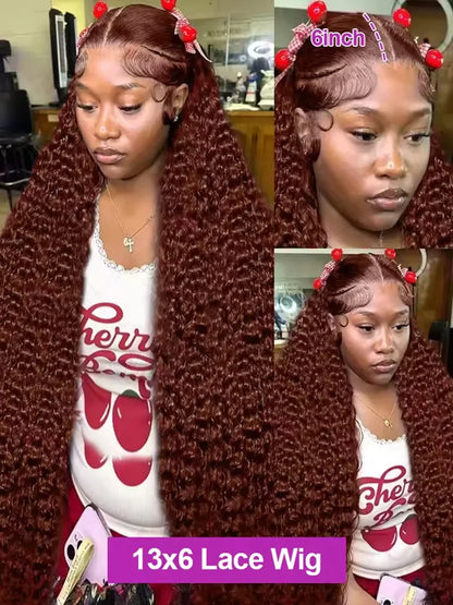 30–40 Inch Reddish Brown Human Hair Wig – 13x6/13x4/13x7 HD Lace Frontal, 250% Density Colored Deep Wave Curly Wig