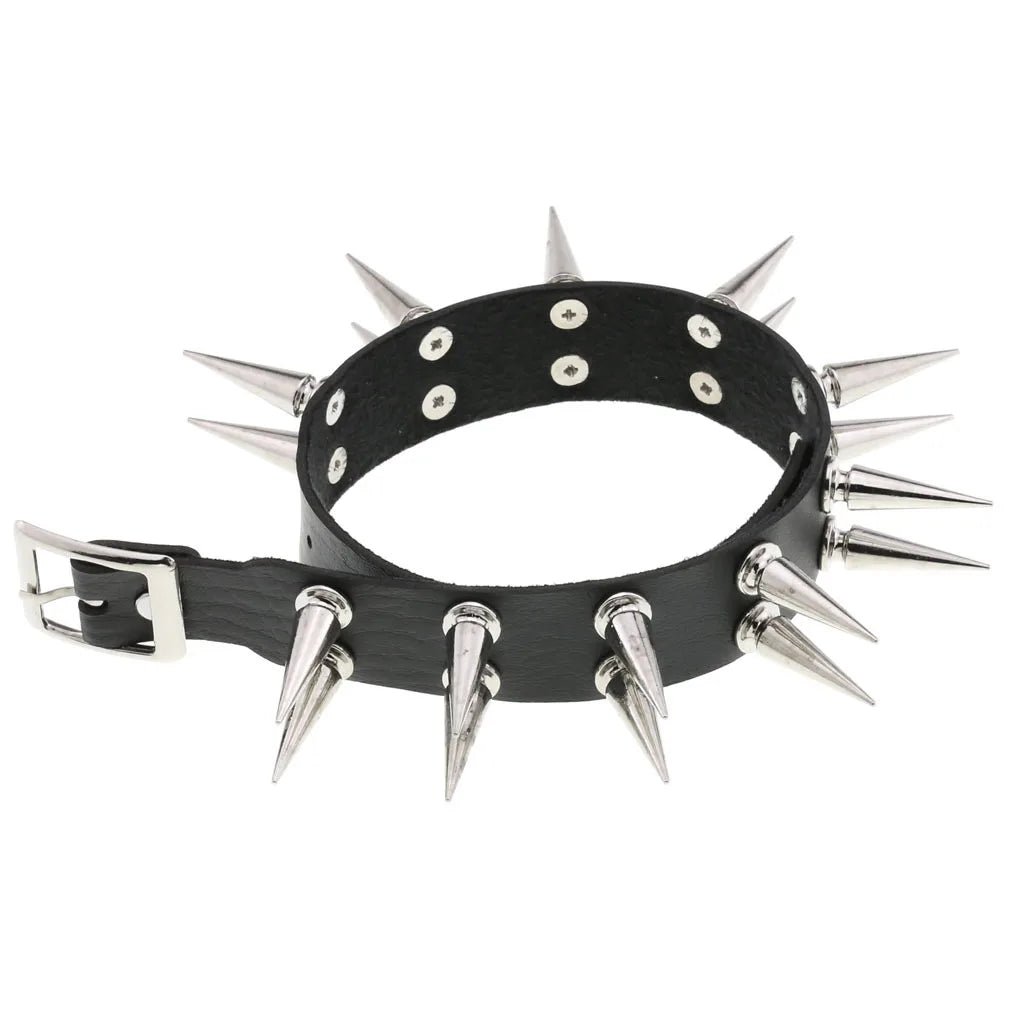 Long Spiked Choker Collar – Black PU Leather Punk Goth Necklace for Women & Men, Cosplay Jewelry Accessory