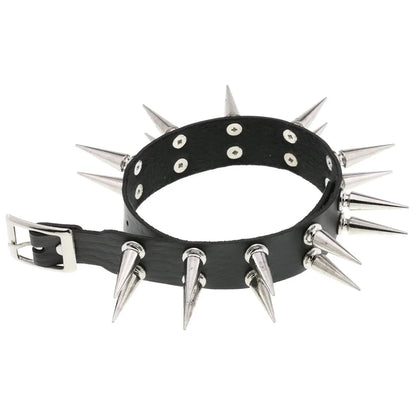 Long Spiked Choker Collar – Black PU Leather Punk Goth Necklace for Women & Men, Cosplay Jewelry Accessory