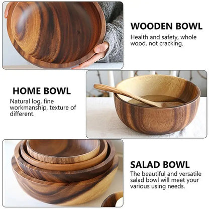 Natural Wooden Kitchen Bowl – Household Fruit & Salad Bowl with Wooden Utensils for Home & Restaurant