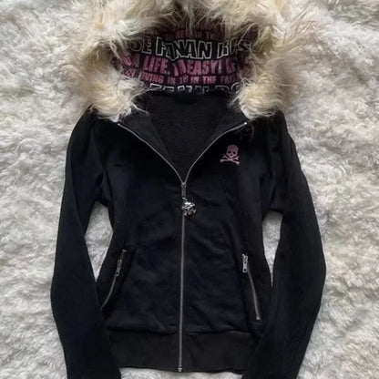 Y2K Vintage Streetwear Men’s Hoodie – Warm Loose Cardigan with Fur Collar & Skull Print Zipper Sweatshirt for Winter