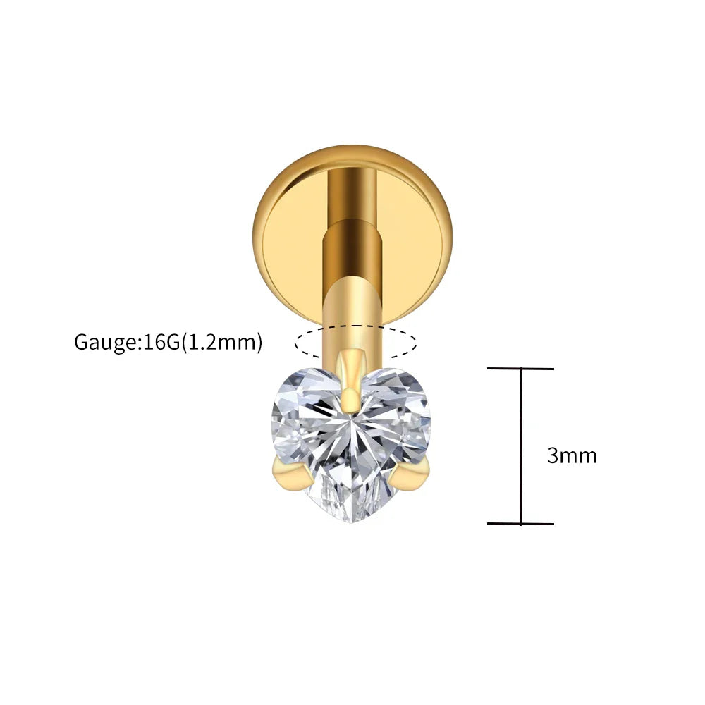 Right Grand ASTM F136 Titanium 16G Heart CZ Threaded Labret Stud – 3mm/4mm/5mm CZ Cartilage, Tragus, Helix & Nose Piercing Jewelry
