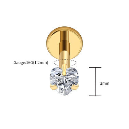 Right Grand ASTM F136 Titanium 16G Heart CZ Threaded Labret Stud – 3mm/4mm/5mm CZ Cartilage, Tragus, Helix & Nose Piercing Jewelry