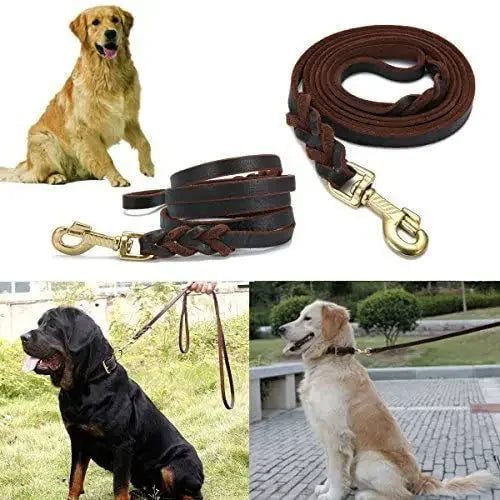 Genuine Leather Dog Leash – Braided Walking & Training Lead for Medium & Large Dogs, Brown & Black