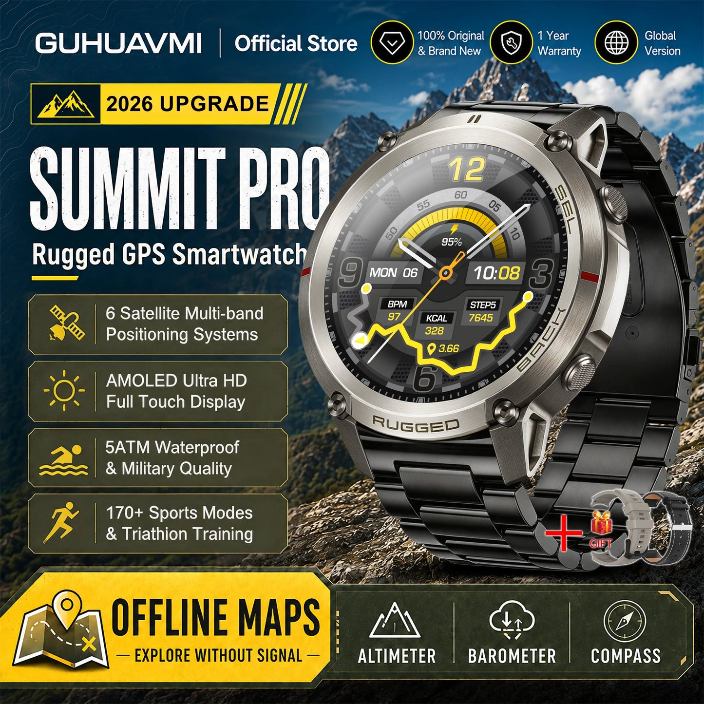 Military GPS Smartwatch for Men - 1.43" AMOLED Display, Bluetooth Calls, Compass, 5ATM Waterproof & 170+ Sports Modes