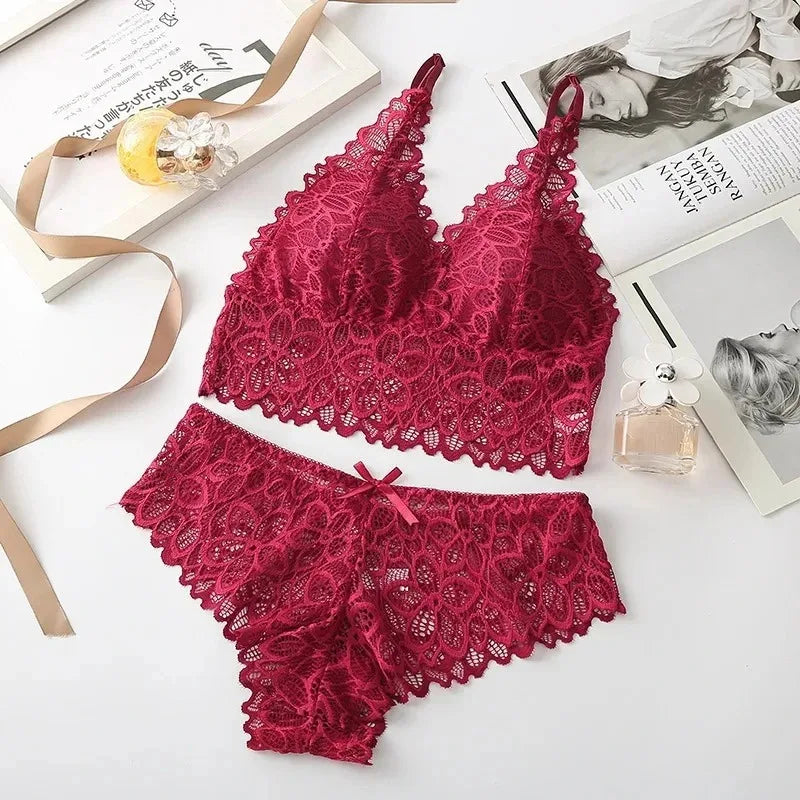 Sexy Lace Lingerie Set – Seamless Wire-Free Bra & Panty with Embroidery Hollow-Out Design